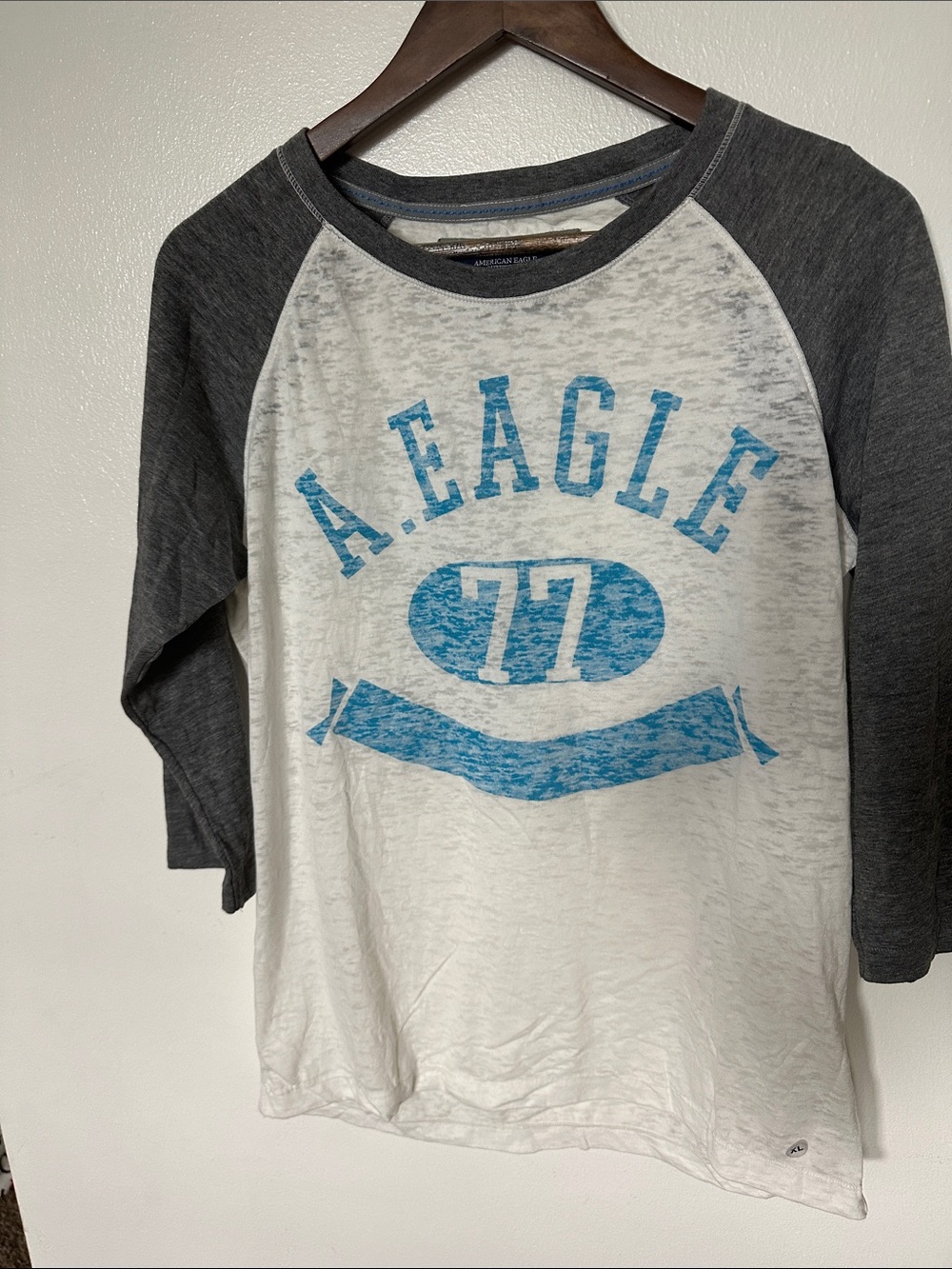 NWT American Eagle Outfitters White & Charcoal Raglan Tee with Blue Graphic
